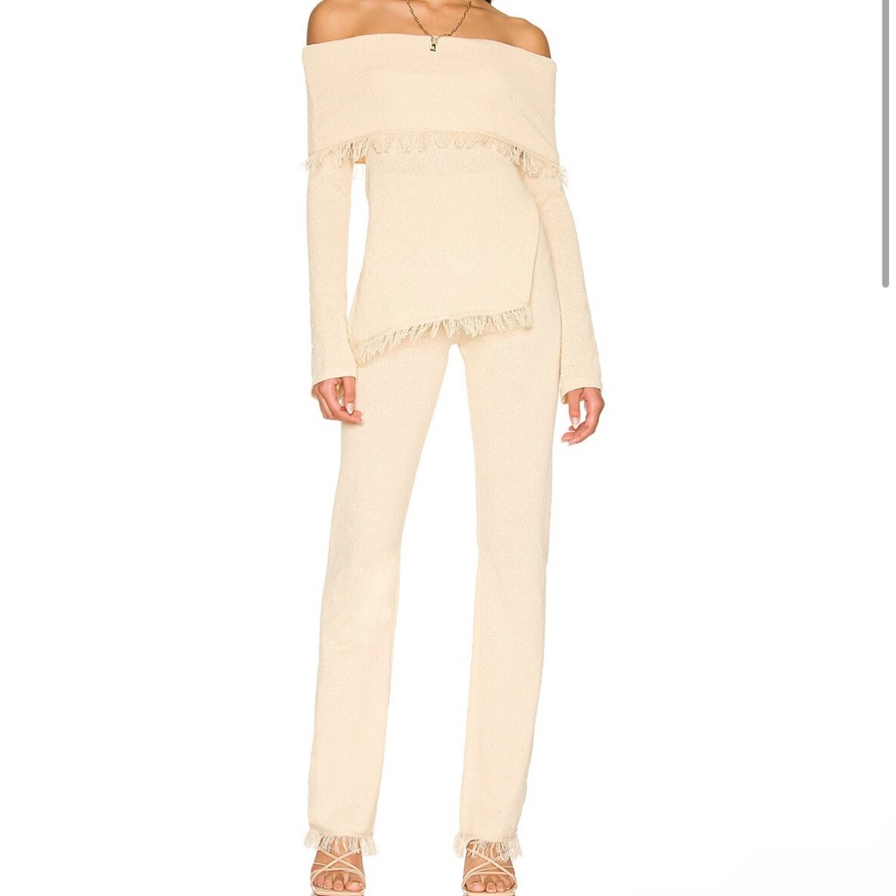 Revolve Cream Matching Knit Top and Pants with Fringe Detail